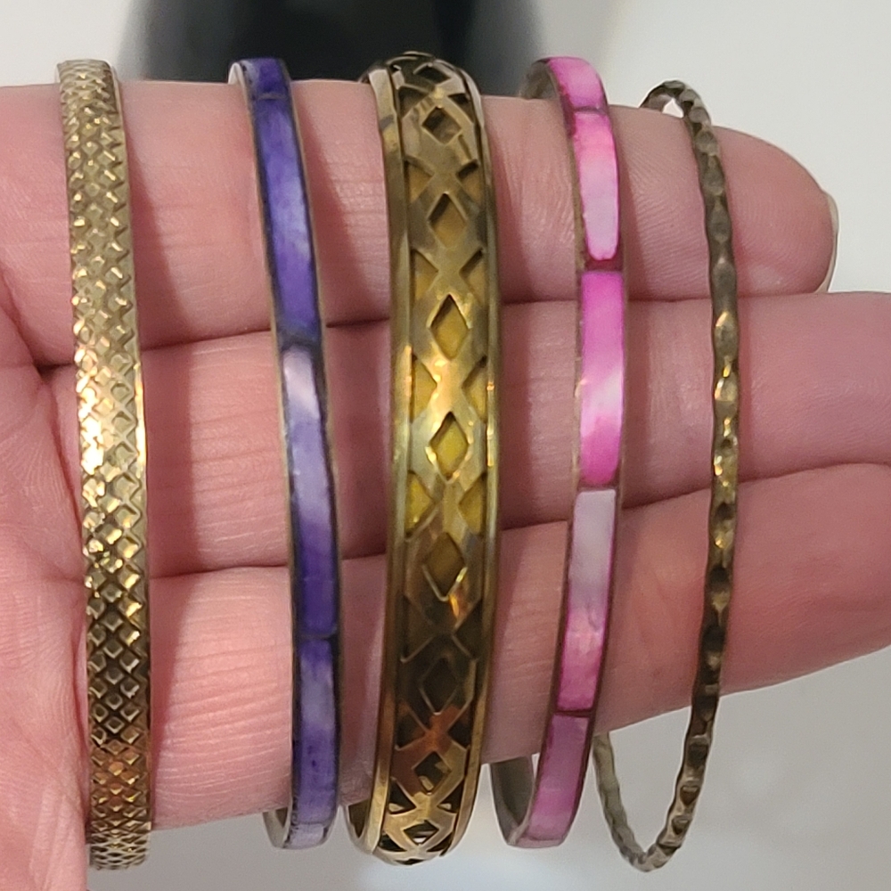 5 Bangle Bracelets- mixed metals stained mother of pearl